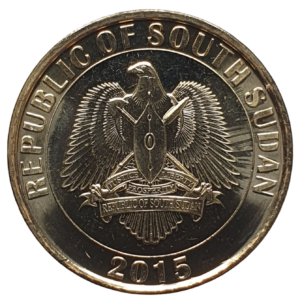 Sudão do Sul, 20 piastras 2015, aço revestido de latão, 4.3 g, 21 mm, km# 2