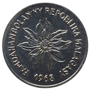 Madagascar, 5 francos (ou 1 ariary) 1968, aço inox, 5 g, 22 mm, km# 10