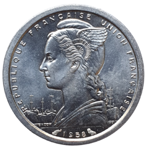 Madagascar (domínio francês), 1 franco 1958, alumínio, 1.3 g, 23 mm, km# 3