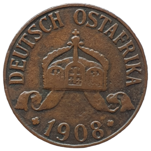 África Oriental Alemã, 1 heller 1908J, bronze, 4 g, 20 mm, km# 7