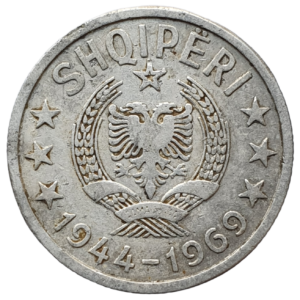 Albânia, 20 qindarka 1969, alumínio, 1.6 g, 22 mm, km# 46, 25 anos da liberação dos nazistas