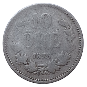 Suécia, rei Oscar II, 10 ore 1875, prata 0.400, 1.4 g, 15 mm, km# 737