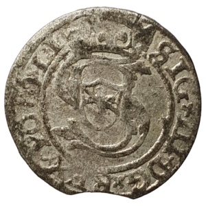 Livônia (Ducado), Sigismundo III Vasa, 1 schilling 1599, prata baixa, 1.0 g, 18 mm, cunhada em Riga