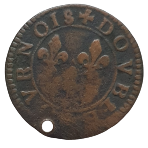 Chateau-Regnault (principado da França feudal), double tournois 1605 a 1614, cobre, 2.5 g, 20 mm, príncipe Francis