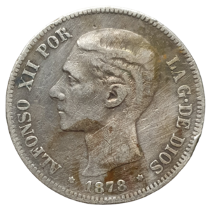 Espanha, 5 pesetas 1878, prata 0.900, 24.7 g, 37 mm, km# 676