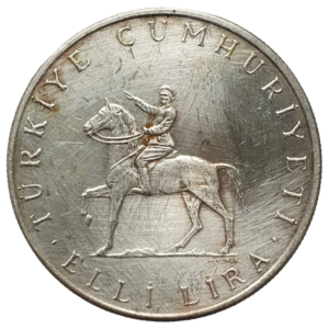 Turquia, 50 liras 1972, prrata 0.900, 20 g, 35 mm, km# 901, 50 anos da vitória de agosto