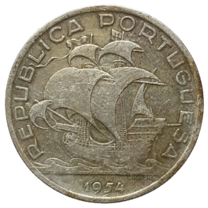 Portugal, 10 escudos 1954, prata 0.680, 12.5 g, 30 mm, km# 586