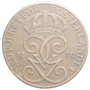 Suécia, 5 öre 1939, bronze, 8 g, 27 mm, km# 779, rei Gustavo V