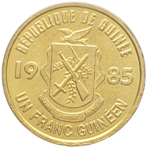 Guiné, República, 1 franco guineano 1985, aço revestido de latão, 1.4 g, 15.5 mm, km# 56