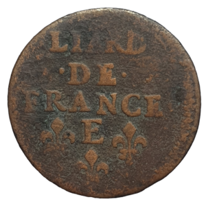 França, Luís XIV, liard, cobre, 3.2 g, 22 mm, cunhada em Meung-sur-Loire entre 1655 e 1658