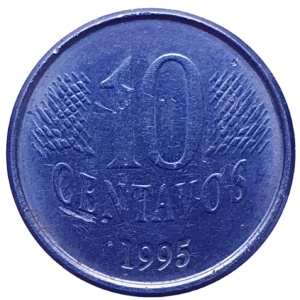Brasil, 10 centavos 1995, inox, 3.6 g, 22 mm, comemorativa 50 anos da FAO, UTG
