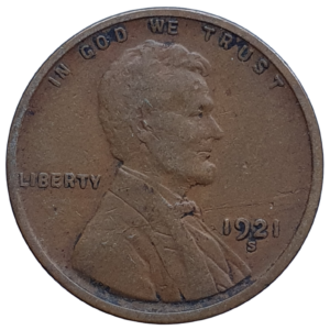 Estados Unidos, 1 cent 1921S, bronze, 3.1 g, 19 mm, Lincoln, km# 132