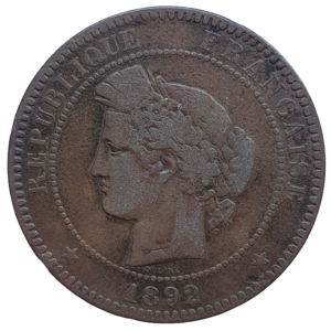 França, 10 centimes 1892, bronze, 10 g, 30 mm, km# 815