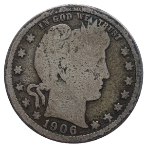 Estados Unidos, 25 cents 1906, prata 0.900, 5.8 g, 24 mm, Barber Quarter, km# 114