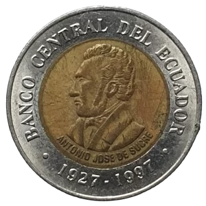 Equador, 100 sucres 1997, bimetálica, 3.5 g, 19.5 mm, km# 101, 70 anos do Banco Central