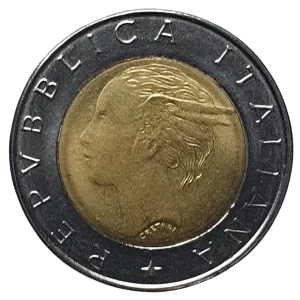 Itália, 500 liras 1996, bimetálica, 6.8 g, 26 mm, km# 181, 70 anos do Instituto de Estatística