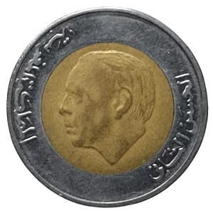 Marrocos, 5 dirhams 1987 (1407 AH), bimetálica, 6.8 g, 26 mm, Y# 82, rei Hassan II