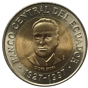 Equador, 500 sucres 1997, bimetálica, 5.8 g, 21.6 mm, km# 102, 70 anos do Banco Central