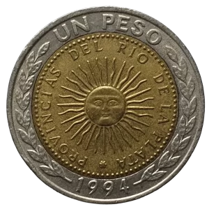 Argentina, 1 peso 1994, bimetálica, 6.4 g, 25 mm, km# 112, comemorativa da primeira moeda argentina