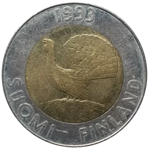 Finlândia, 10 marcos 1993, bimetálica, 8.8 g, 27.25 mm, km# 77