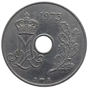 Dinamarca, 25 ore 1973, cuproníquel, 4.3 g, 23 mm, km# 861, com monograma e furo central