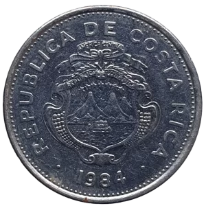 Costa Rica, 2 colones 1984, aço inox, 4.25 g, 23 mm, km# 211