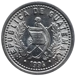 Guatemala, 10 centavos 1994, níquel-latão, 3.2 g, 21 mm, km# 277, monolito de Quirigá