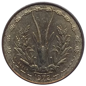 Estados da África Ocidental, 5 francos 1972, alumínio-níquel-bronze, 3 g, 20 mm, km# 2a