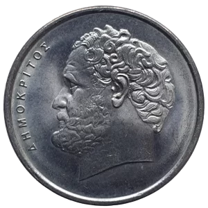 Grécia ,10 dracmas 1976, cuproníquel, 7.5 g, 25.6 mm, km# 119, Demócrito / átomo