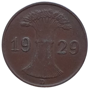 Alemanha, República de Weimar, 1 reichespfennig 1929, cobre, 2 g, 17.5 mm, km# 37