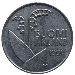 Finlândia, 10 pennia 1990, cuproníquel, 1.8 g, 16 mm, km# 65, lírio / favos de mel