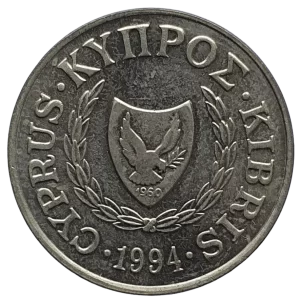 Chipre, 5 cents 1994, níquel-latão, 3,75 g, 22 mm, km# 55.3, cabeça de touro