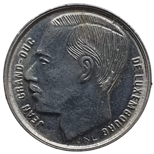 Luxemburgo, 1 franco 1991, aço banhado em níquel, 2.75 g, 18 mm, km# 63, grão-duque Jean