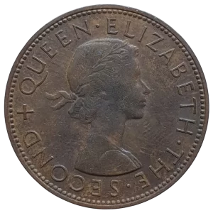Nova Zelândia, 1 penny 1958, bronze, 9.6 g, 31 mm, km# 24.2, pássaro tui