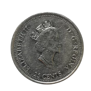 Canadá, 25 cents 1999, níquel, 5 g, 23.8 mm, km# 349, pioneiros trabalhando, datada de agosto de 1999