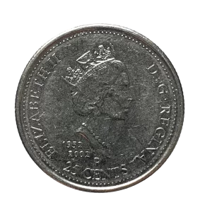 Canadá, 25 cents 2002, aço banhado em níquel, 4.4 g, 23.9 mm, km# 451, dia do Canadá (135 anos da confederação)