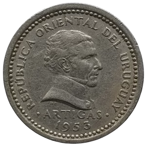 Uruguai, 2 centésimos 1953, cuproníquel, 2.5 g, 17 mm, km# 33