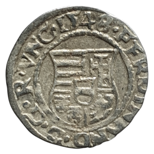 Hungria, Ferdinando I, denar, prata, 0.4 g, 15.4mm, cunhada em Kremnitz em 1548