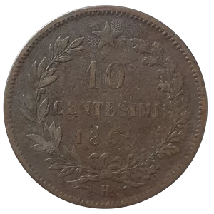 Itália, 10 centesimi 1866, cobre, 9.4 g, 30 mm, km# 11, Vitório Emanuel II
