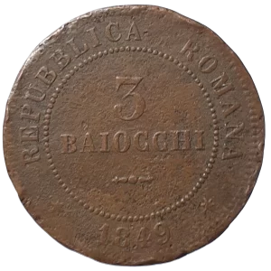 República Romana (estado italiano), 3 baiocchi, 1849, cobre, 26.5 g, 37 mm, km# 23, cunhada em Bolonha, só 66.800 unidades