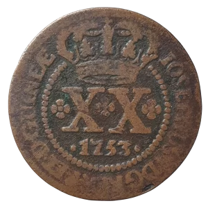 Brasil, Colônia, XX (20) réis 1753, cobre, 13.6 g, 36 mm, sem escudete