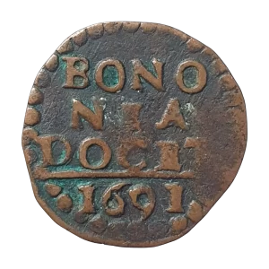 Bolonha (estados papais), 1 quatrino, 1691, cobre, 2.4 g, 20 mm, km# 114, papa Inocêncio XII