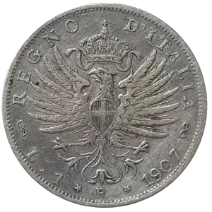 Itália, 1 lira 1907, prata 0.835, 5.0 g, 23 mm, km# 32, águia, Vitório Emanuel III