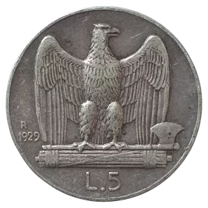 Itália, 5 liras 1929, prata 0.835, 5.0 g, 23 mm, km# 67, águia, Vitório Emanuel III