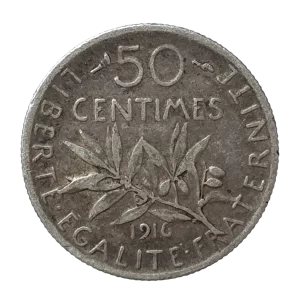 França, 50 centimes 1916, prata 0.835, 2.5 g, 18 mm, km# 854