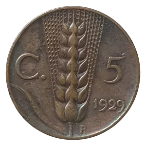 Itália, 5 centesimi 1929, cobre, 3.3 g, 20 mm, km# 59, Vitório Emanuel III