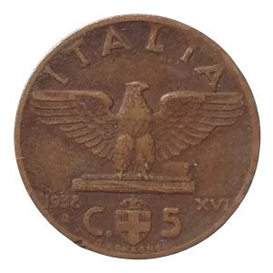 Itália, 5 centesimi 1938, cobre, 3.3 g, 20 mm, km# 73, Vitório Emanuel III