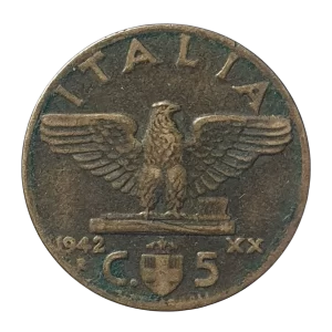 Itália, 5 centesimi 1942, bronzital, 3.0 g, 20 mm, km# 73a, Vitório Emanuel III