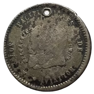 Bolívia, 1/2 melgarejo 1865 - 1868, prata 0.666, 9.1 g, 29 mm, km# 145, com furo
