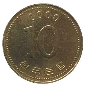 Coreia do Sul, 10 won 2000, latão, 4 g, 22.8 mm, km# 33, pagode de Dabotap